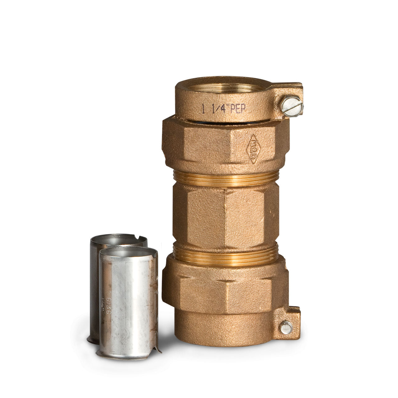 A.Y. McDonald 74758-33 Straight Coupling 3 Part Union PEP X PEP 1.25" Brass W/ 6136 SS Pipe Stiffeners