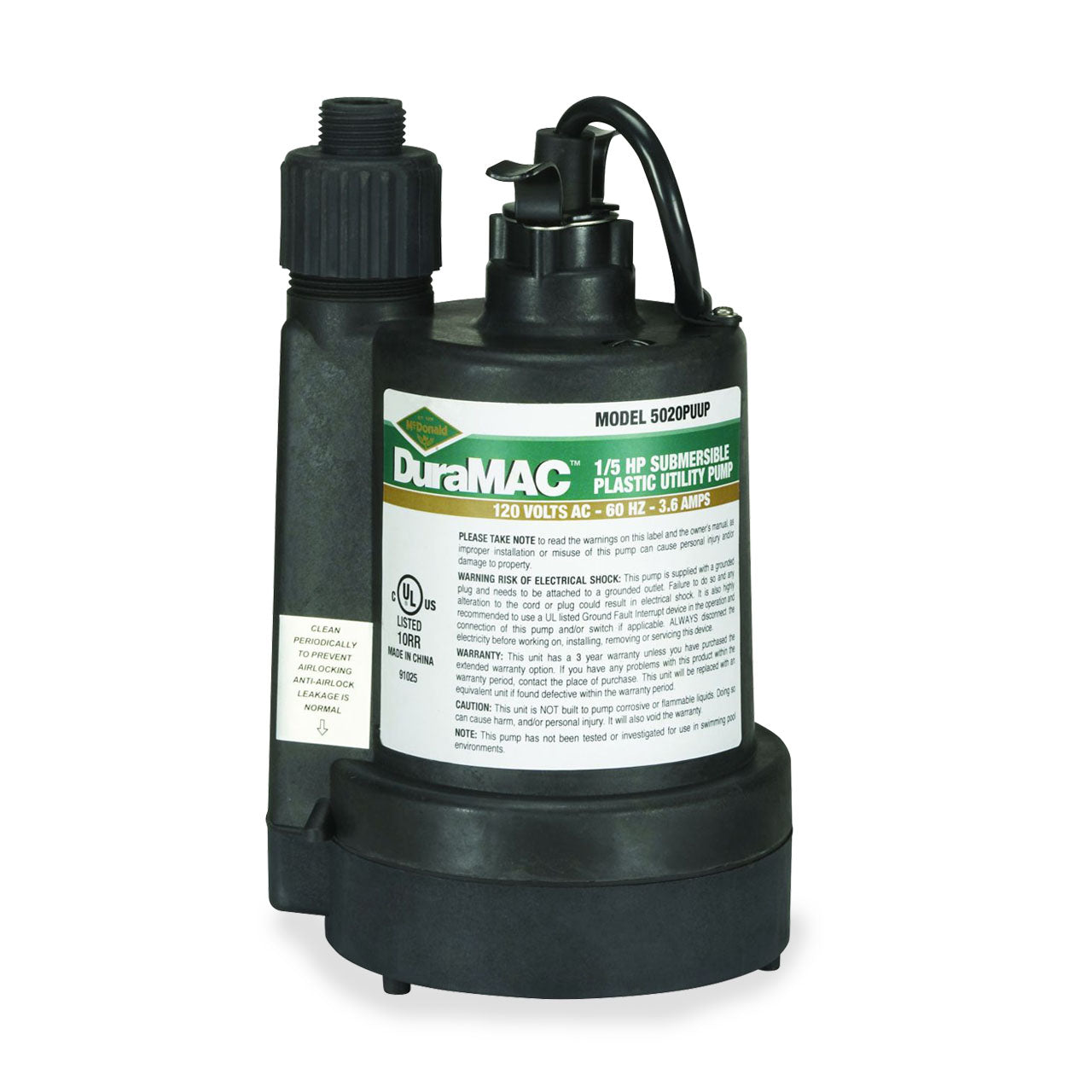 A.Y. McDonald 5020PUUP Utility Pump 0.20 HP 115V 1PH 10' Cord Manual