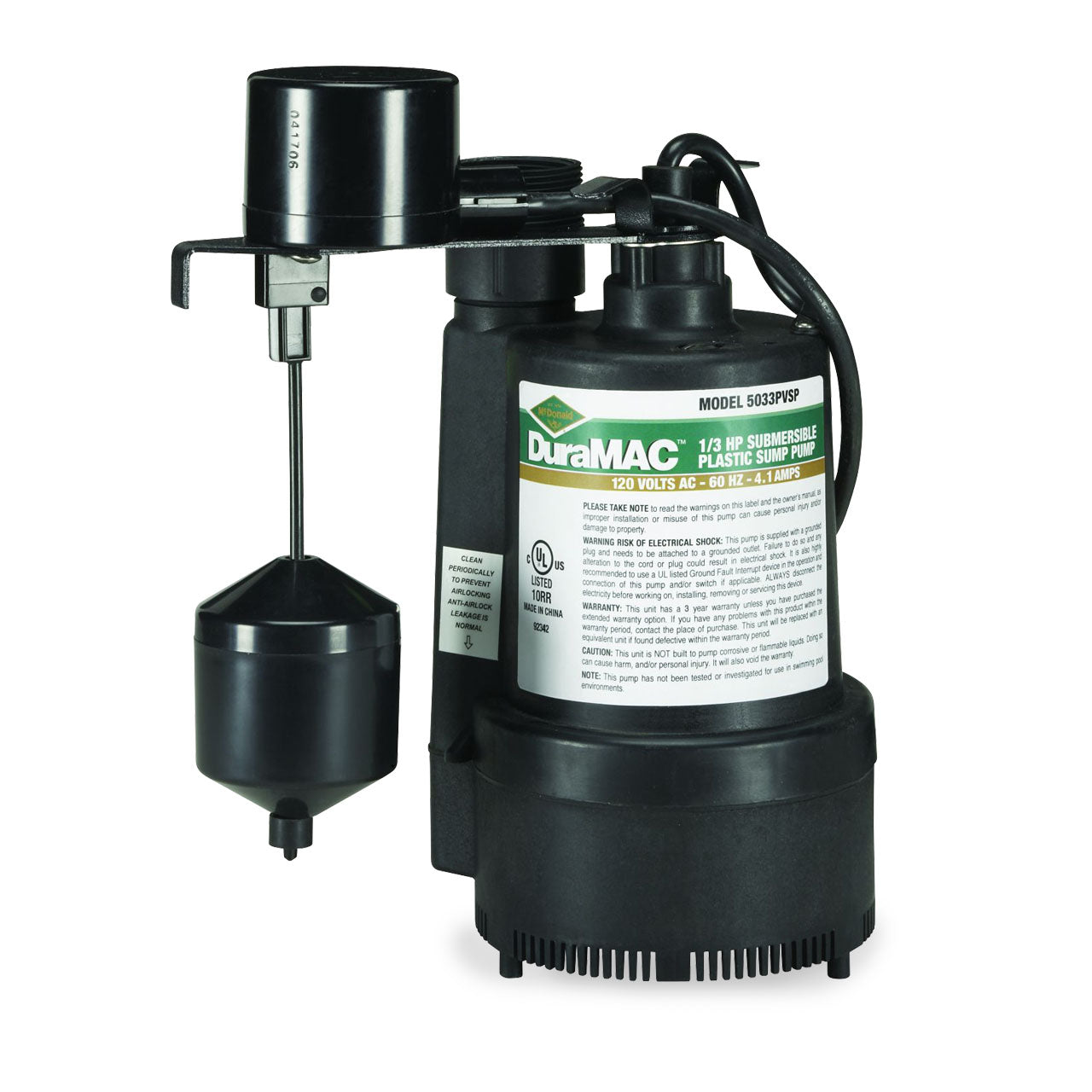 A.Y. McDonald 5033PVSP Sump Pump 0.33 HP 120V 1PH 10' Cord Automatic