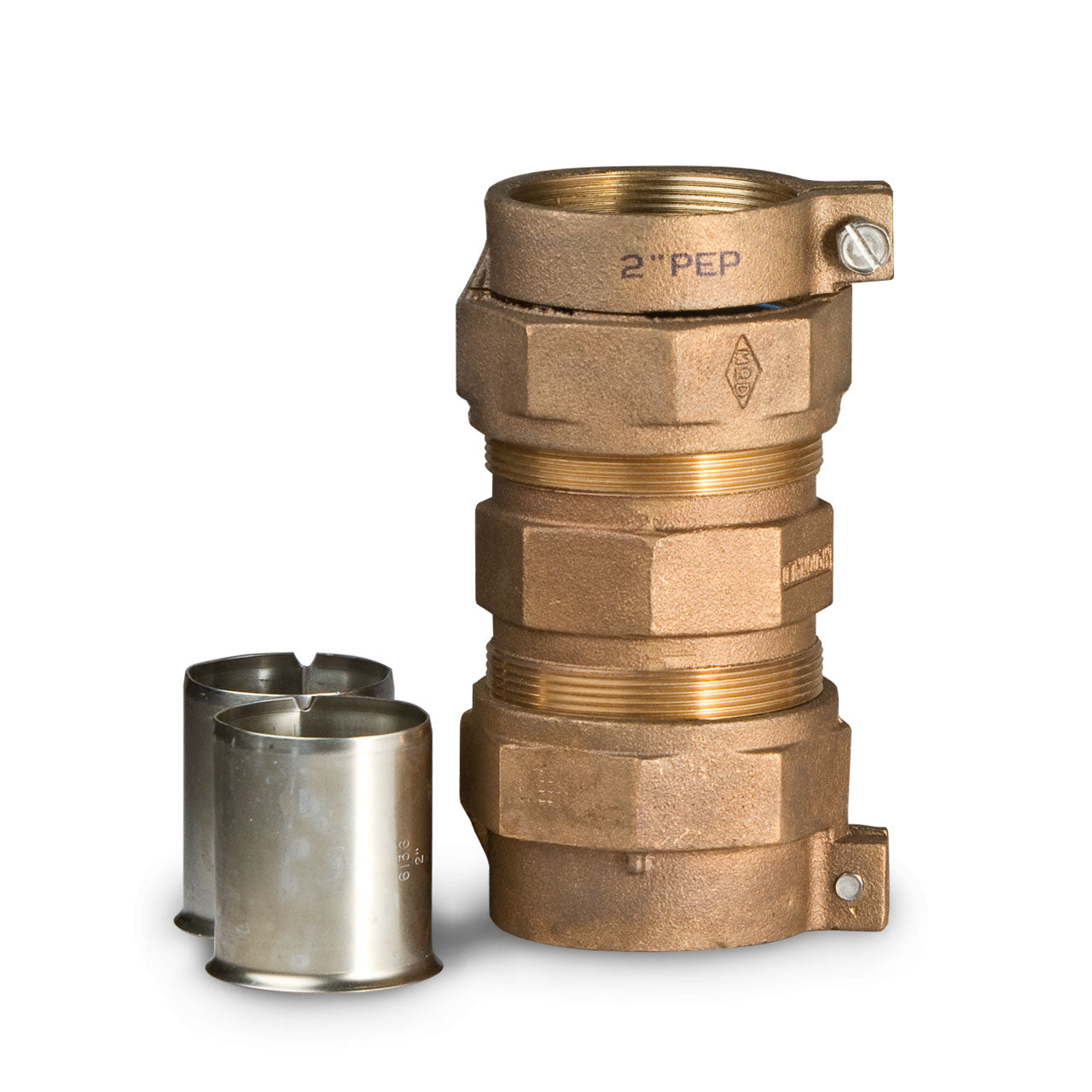 A.Y. McDonald 74758-33 Straight Coupling 3 Part Union PEP X PEP 2" Brass W/ 6136 SS Pipe Stiffeners
